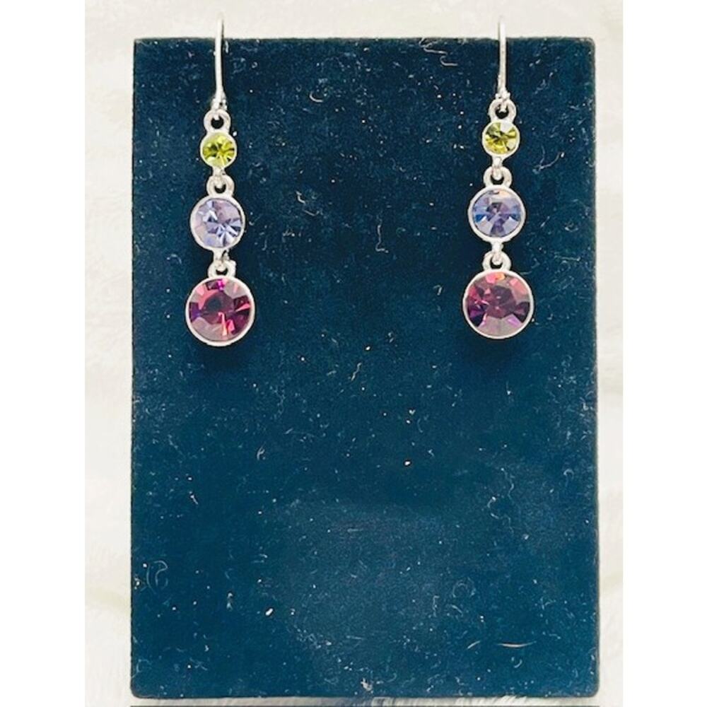 Vintage Napier Silver Tone 3 Round Rhinestone Dangle Earrings w/Lever Back Posts